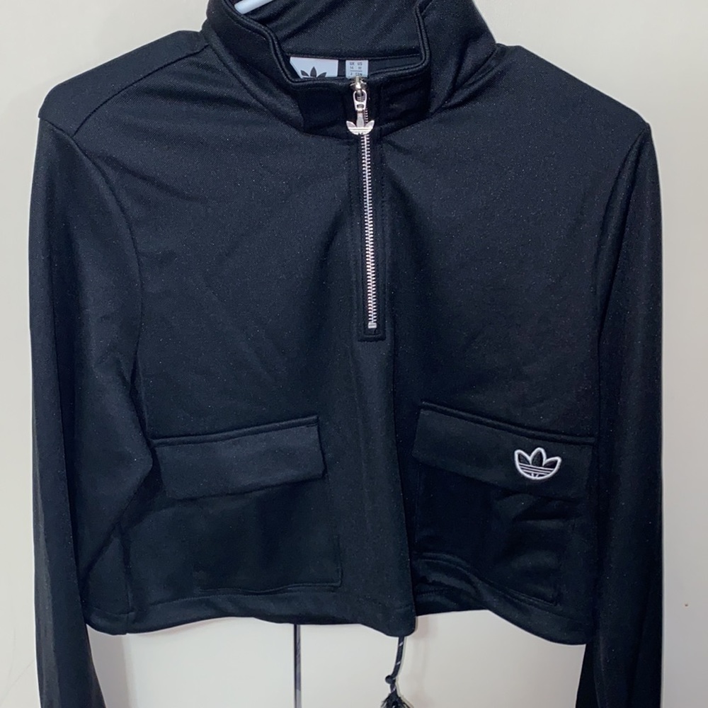 Adidas Black Cropped Track Jacket with Half-Zip - Picture 2 of 7